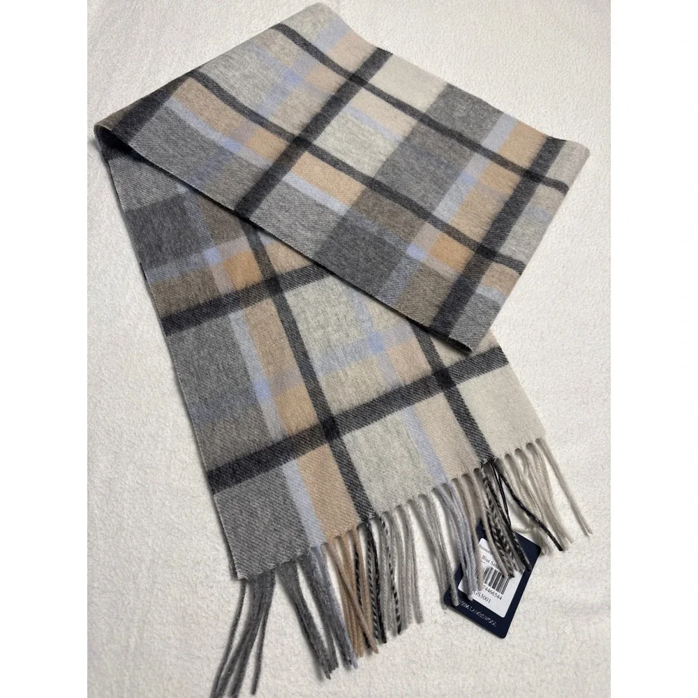Balmoral Lambswool Scarf Mens OS Blue Sand Check Plaid Scotland GS3001 NEW